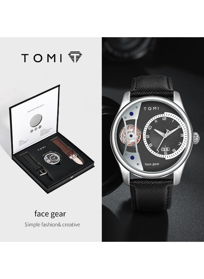 تومي تأتي ساعة TOMI New Series الرجالية الكوارتز مع حزامين جلديين أنيقين، وهي ساعة رجالية مقاومة للماء، بتصميم جديد رائج، ومينا أسود/علبة فضية. - Image 2