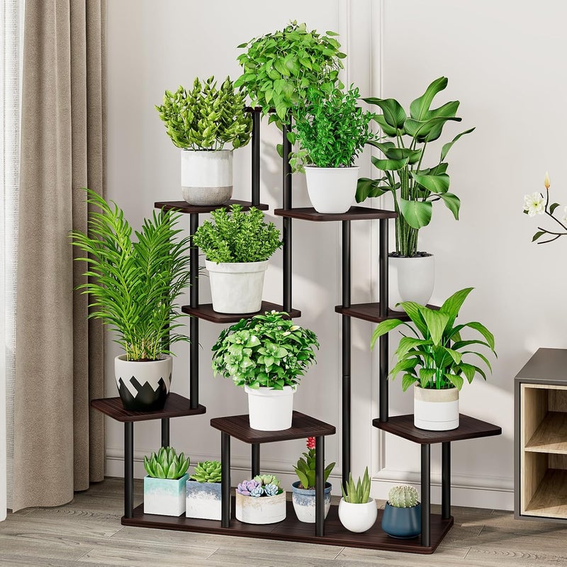 AZERPIAN حامل نباتات 9 طبقات داخلي رف زهور معدني لنباتات متعددة حامل زهور طويل للزاوية للفناء والحديقة وغرفة المعيشة والشرفة وغرفة النوم، بلوط أسود - Image 2