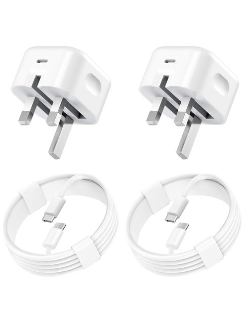 2-Pack USB Type-C Fast Charger for iPhone 15 and Samsung Galaxy – 20W UK Wall PD Adapter with USB-C to C Cable