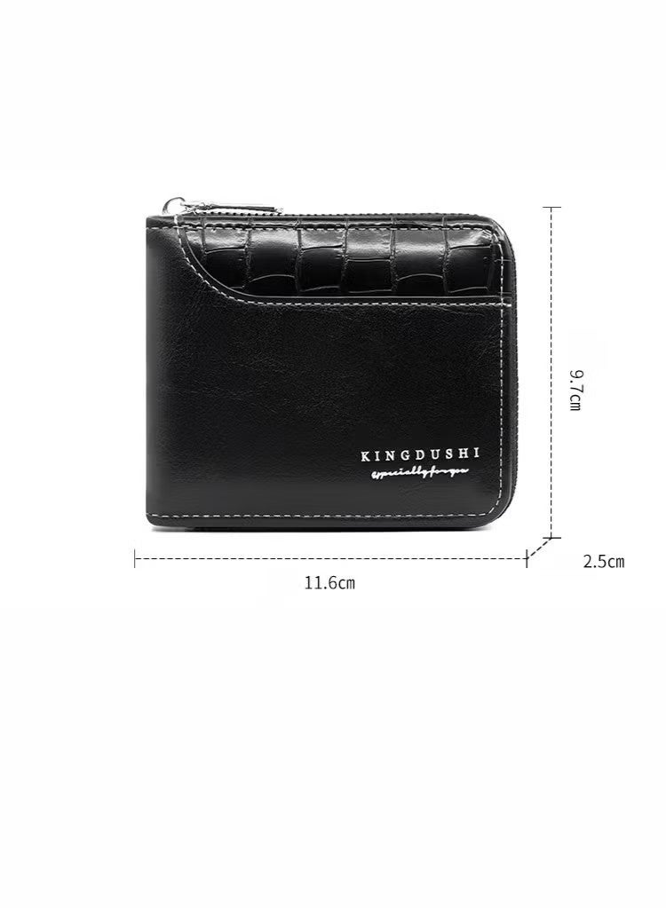 Kingdushi Men's Wallet Zipper Wallet Retro Wallet Short Wallet with 6 Card Slots and 1 Coin Pocket Father's Day Gift Credit Card Holder(Black) - Image 2