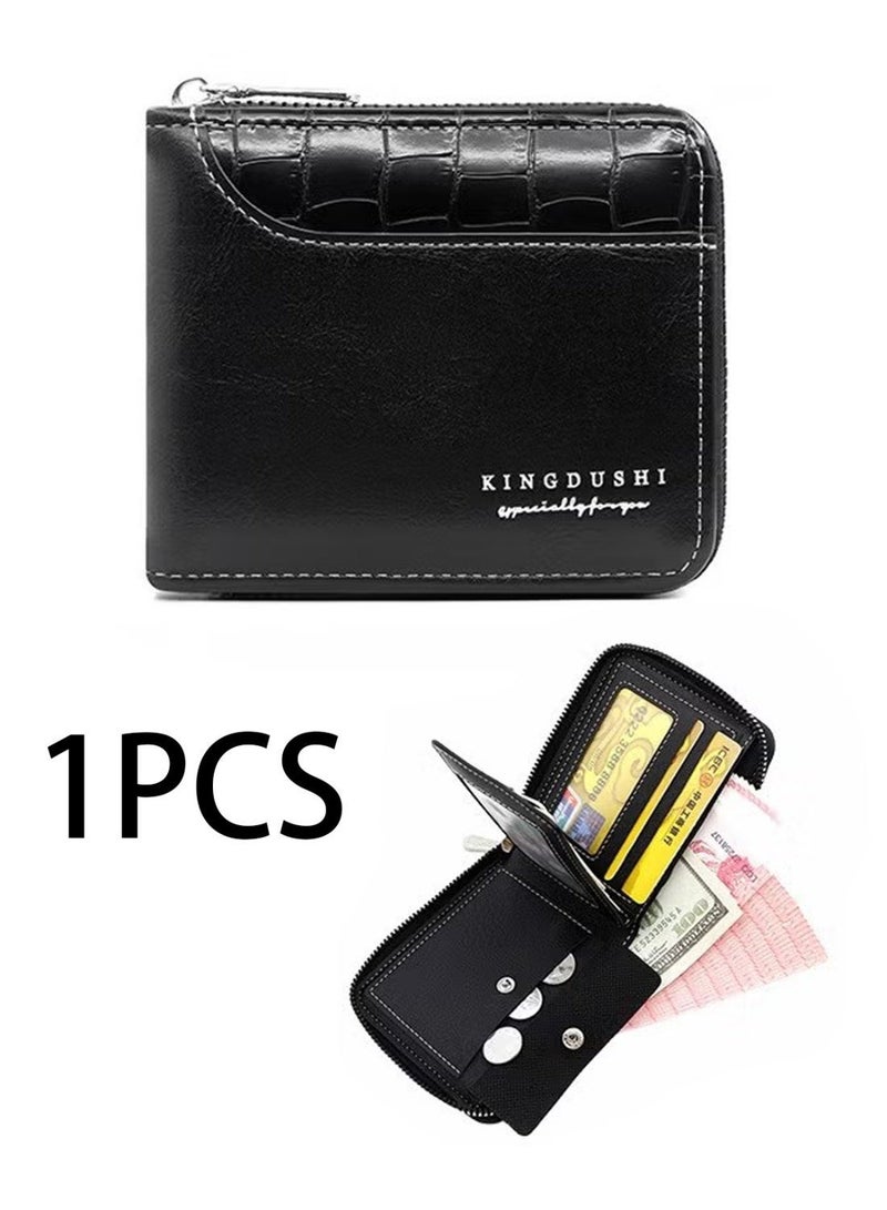 Kingdushi Men's Wallet Zipper Wallet Retro Wallet Short Wallet with 6 Card Slots and 1 Coin Pocket Father's Day Gift Credit Card Holder(Black) - Image 1
