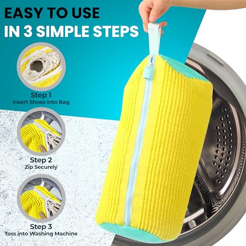 Daszerx Shoe Washing Machine Bag 2 Pack 360 SelfLocking Zipper Shoe Washing Bag for Washer and Dryer Reusable HeavyDuty Microfiber Cleaning Set for Sneakers Boots Athletic Footwear Yellow - Image 3