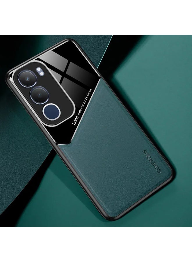 Case Compatible With Vivo Y19s 4G Cover Luxury Leather And Glass With Car Magnetic Holder Phone Cover Soft Frame Silicone (Green) - Image 1