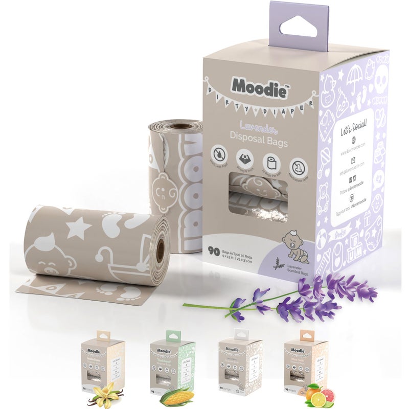 moodie Disposable Diaper Bags 90 BAGS TOTAL LAVENDER SCENTED Dirty Diaper Bags Disposable 6 Refill Rolls 9x 13 Leak Proof Diaper Trash Bags on the Go Baby Poop Bags Travel Diaper Bags Refill 