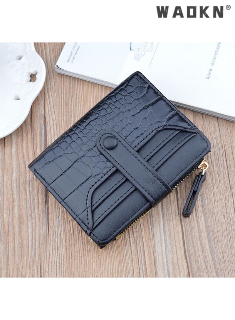 دبليو أيه أو كي أن محفظة السيدات RFID حاجز مزدوج للطي محفظة جلدية الرمز البريدي عملة محفظة بطاقة الائتمان كليب محفظة سيدة صغيرة نمط نسيج نافذة معرف ( أسود ) - Image 5