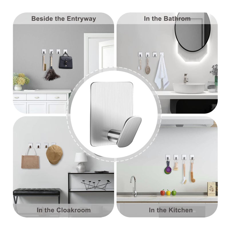 DELITON Adhesive Towel Hooks on Wall: Robe Hooks for Hanging Clothes Hats Stick on Bathroom/Kitchen SUS 304 Stainless Steel Silver - Image 4