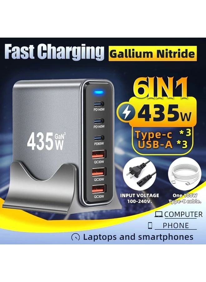 435W Charging Station With 6 Ports 3 Type C 3 USB A 100W C C Data Cable - Image 1