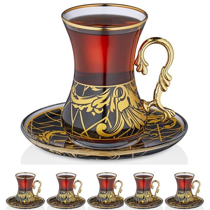 GOLD VINTAGE TURKISH TEA GLASSES CUPS AND SAUCERS SET OF 6 DRINKING GLASSWARE PARTY ADULTS FANCY SERVING COFFEE TRAY DRINKS KETTLE WOMEN CHRISTMAS GIFT TEACUP HANDLE MOROCCAN DRINKWARE RIM