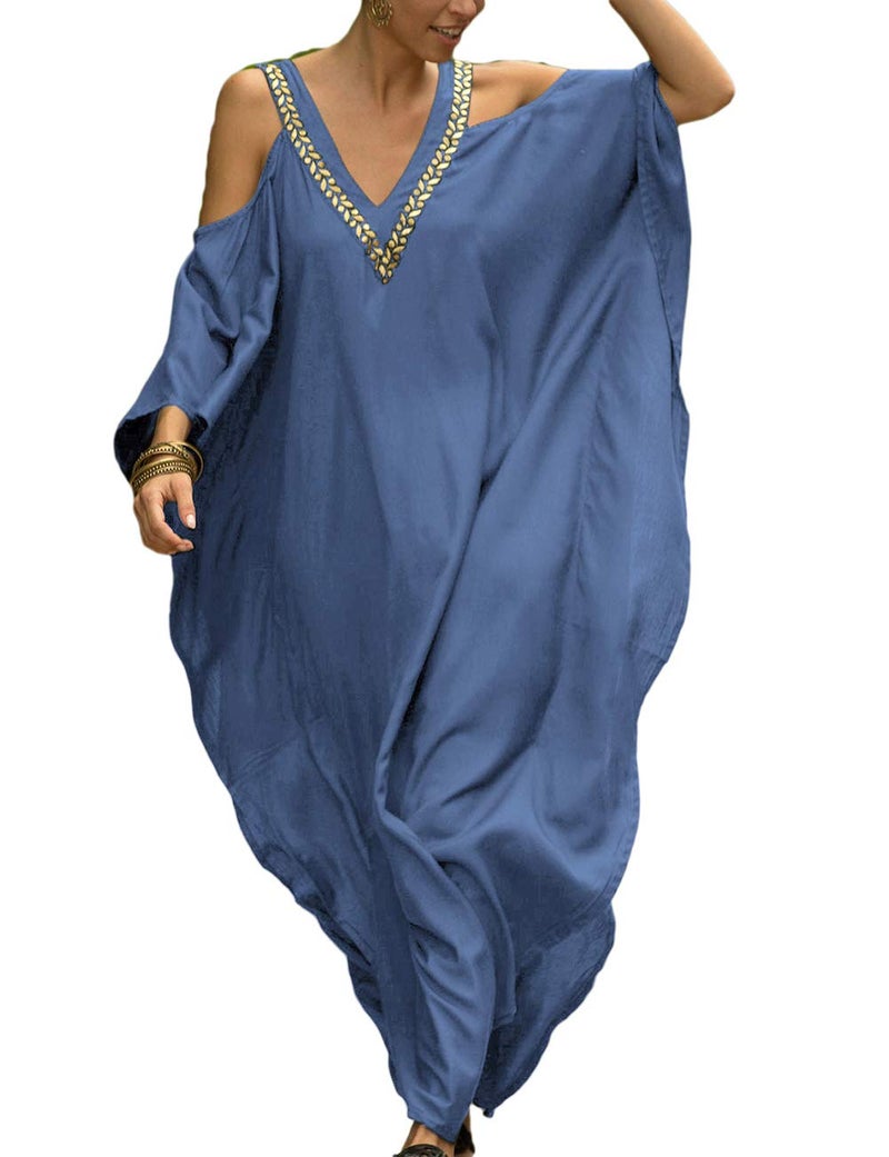 Bsubseach Turkish Cold Shoulder Kaftan Dresses Swimsuit Cover Up Maxi Dress Beach Cover Ups Blue - Image 1