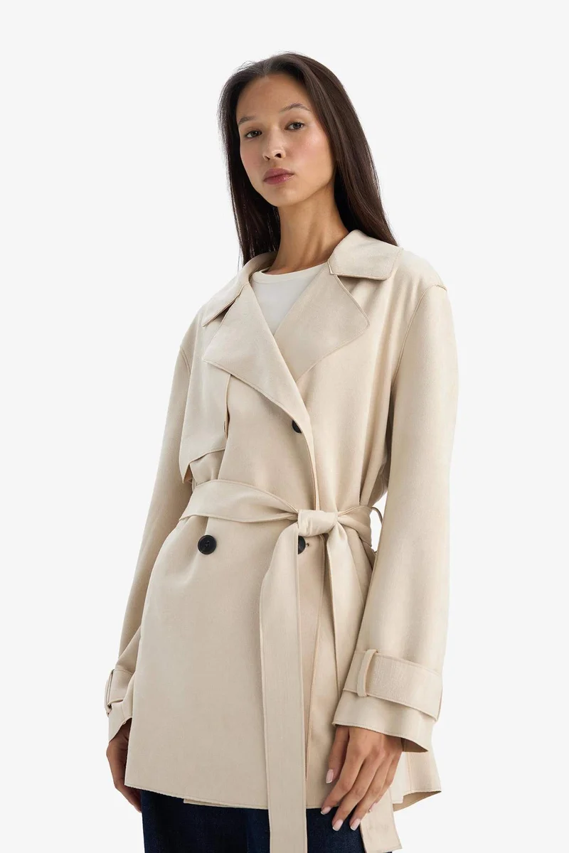 Defacto  Regular Fit Tuxedo Collar Suede Trench Coat for Women | Best Price UAE