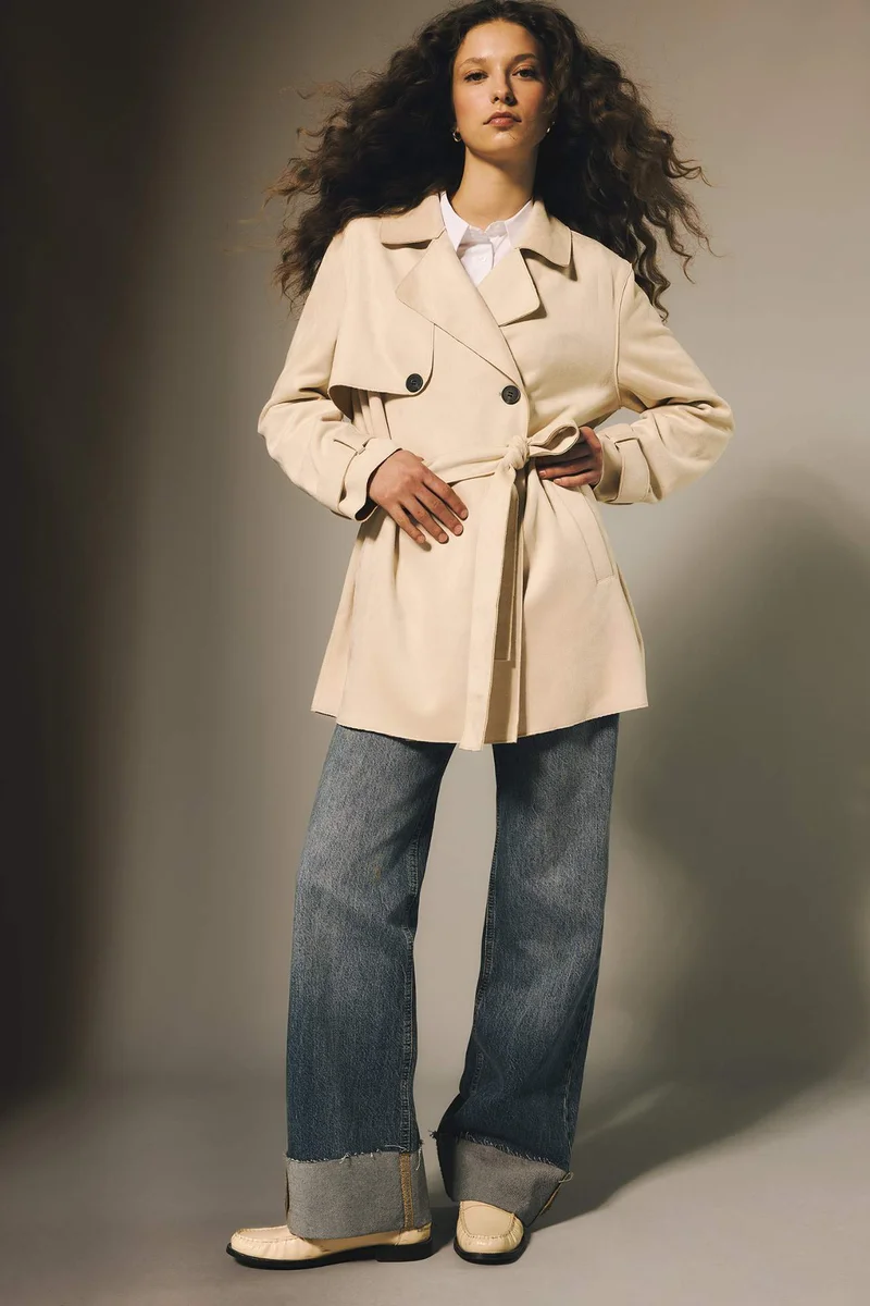 ديفاكتو Regular Fit Tuxedo Collar Suede Trench Coat