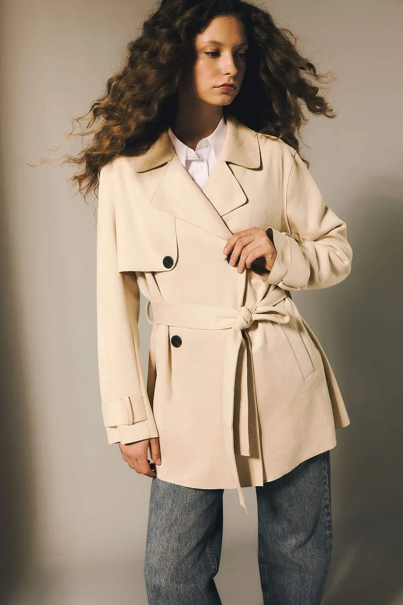 ديفاكتو Regular Fit Tuxedo Collar Suede Trench Coat
