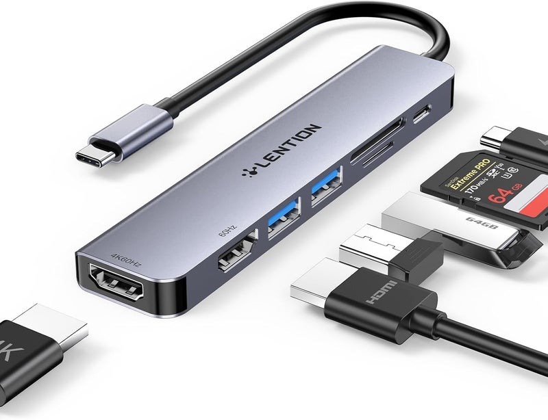 لينشن محطة توسعة 7 في 1 USB-C مع منفذي HDMI لوضع MST لأجهزة MacBook، نقل بيانات بسرعة 5 جيجابت في الثانية مع منفذي USB 3.0، شحن بقدرة 100 واط PD، قارئ بطاقات مزدوج، لأجهزة MacBook Pro وMac Air/Surface الجديدة والمزيد (CB-CE45، رمادي فضائي) - Image 1
