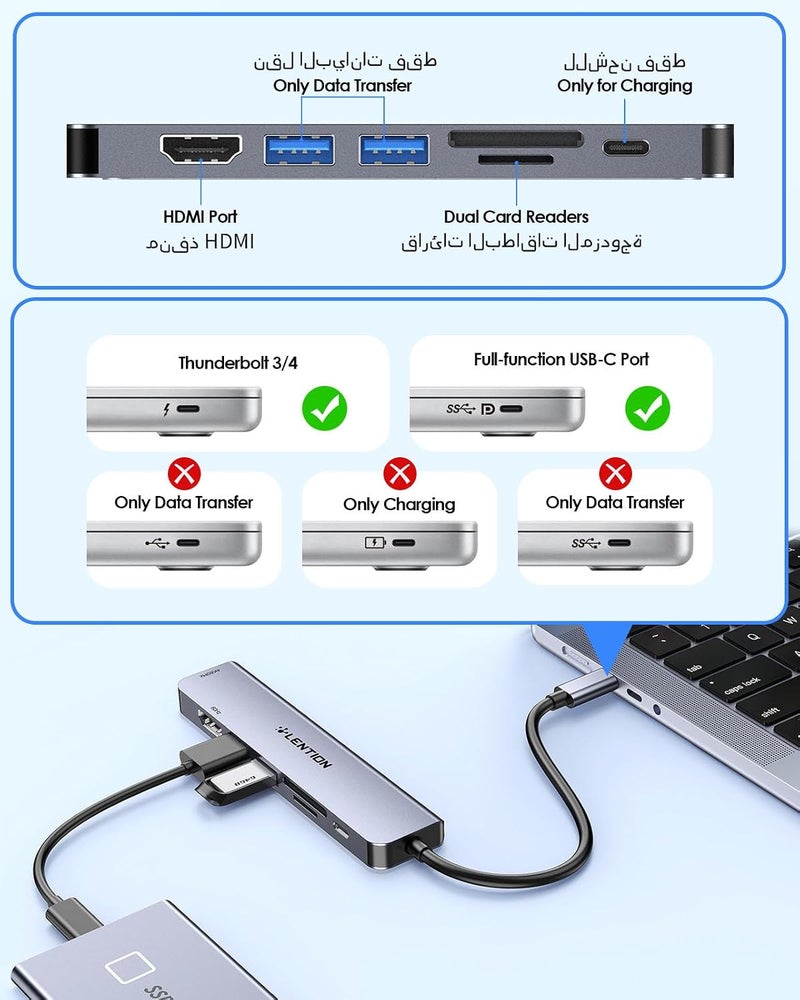 لينشن محطة توسعة 7 في 1 USB-C مع منفذي HDMI لوضع MST لأجهزة MacBook، نقل بيانات بسرعة 5 جيجابت في الثانية مع منفذي USB 3.0، شحن بقدرة 100 واط PD، قارئ بطاقات مزدوج، لأجهزة MacBook Pro وMac Air/Surface الجديدة والمزيد (CB-CE45، رمادي فضائي) - Image 5