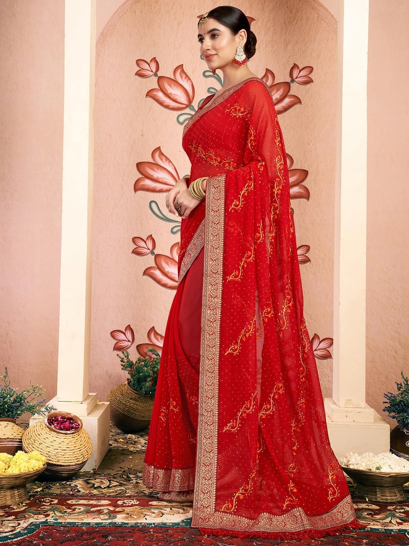 Satrani Women's Georgette Embroidery & Stone Work Saree with Unstitched Blouse Piece (4065S2828N_Red) - Image 2