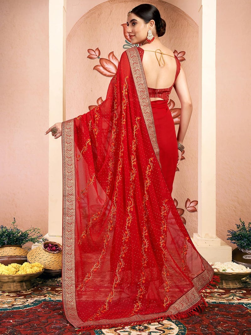 Satrani Women's Georgette Embroidery & Stone Work Saree with Unstitched Blouse Piece (4065S2828N_Red) - Image 3