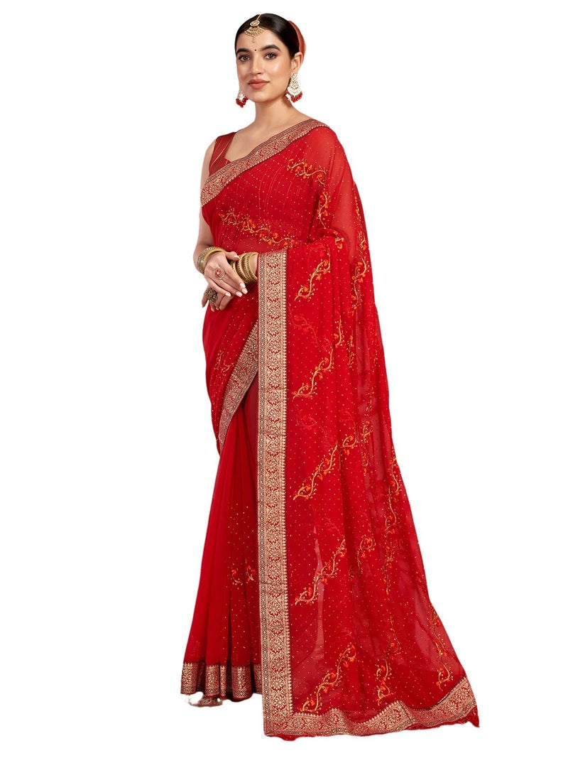 Satrani Women's Georgette Embroidery & Stone Work Saree with Unstitched Blouse Piece (4065S2828N_Red) - Image 1