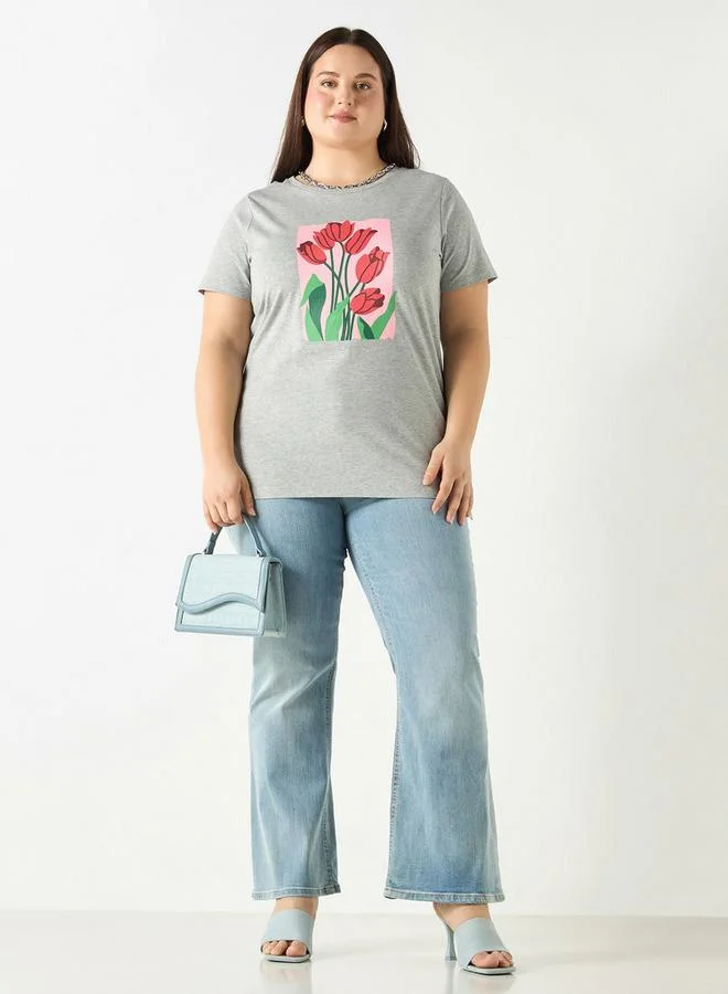 Ulla Popken Plus Size Ulla Popken Floral Print T-shirt with Short Sleeves