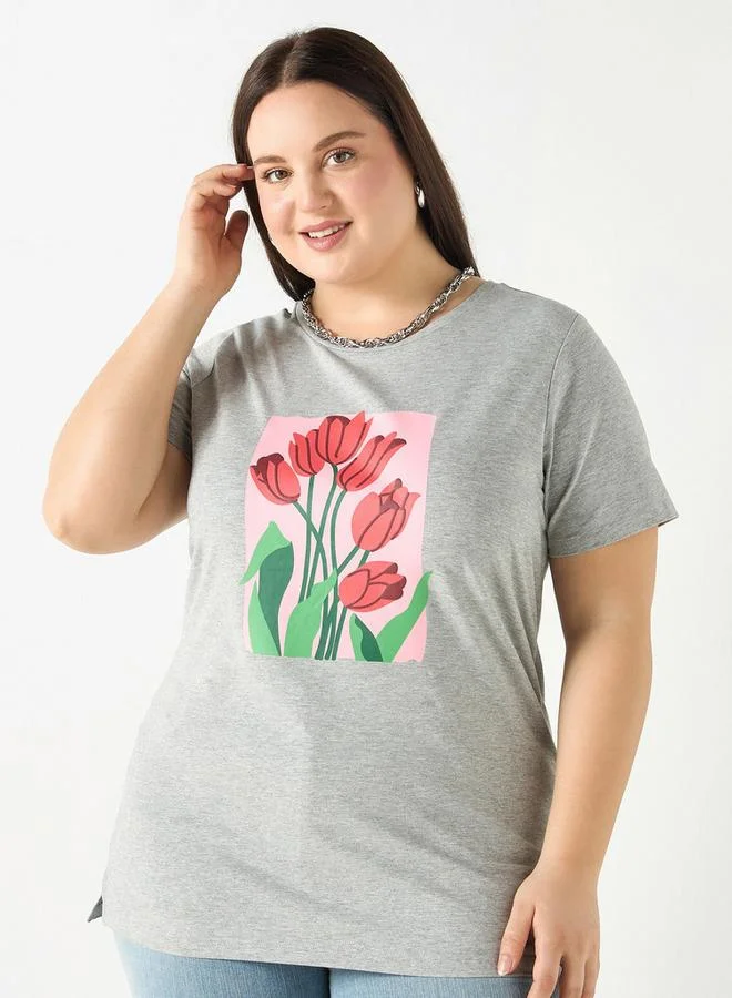 Ulla Popken Plus Size Ulla Popken Floral Print T-shirt with Short Sleeves