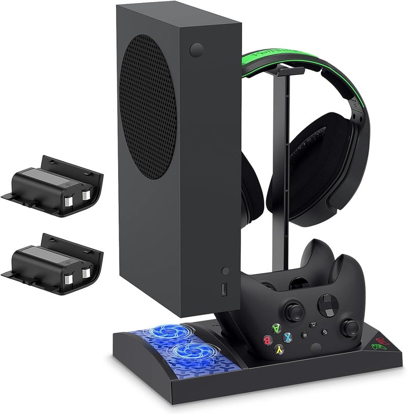 FYOUNG Upgraded Vertical Cooling Fan Stand for Xbox Series S, Cooler Fan System Dual Controller Charging Dock Station with 2 x 1400mAh Rechargeable Battery Pack, Headphone Bracket for Xbox Series S (Black) - Image 1