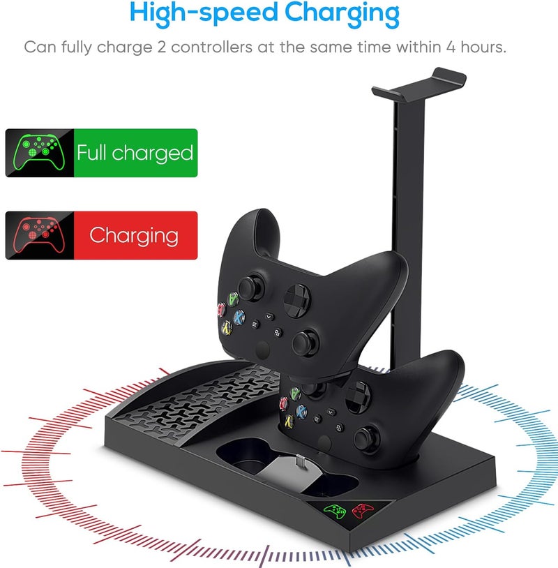 FYOUNG Upgraded Vertical Cooling Fan Stand for Xbox Series S, Cooler Fan System Dual Controller Charging Dock Station with 2 x 1400mAh Rechargeable Battery Pack, Headphone Bracket for Xbox Series S (Black) - Image 3