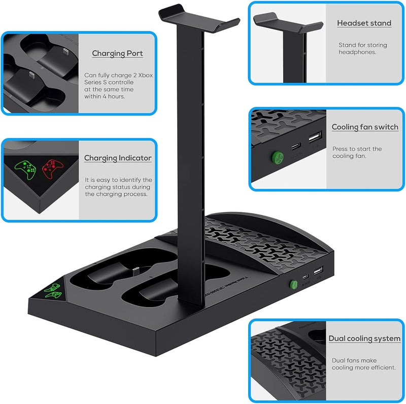 FYOUNG Upgraded Vertical Cooling Fan Stand for Xbox Series S, Cooler Fan System Dual Controller Charging Dock Station with 2 x 1400mAh Rechargeable Battery Pack, Headphone Bracket for Xbox Series S (Black) - Image 5