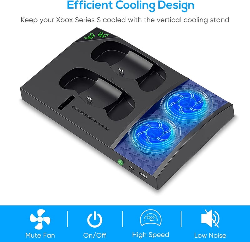 FYOUNG Upgraded Vertical Cooling Fan Stand for Xbox Series S, Cooler Fan System Dual Controller Charging Dock Station with 2 x 1400mAh Rechargeable Battery Pack, Headphone Bracket for Xbox Series S (Black) - Image 2