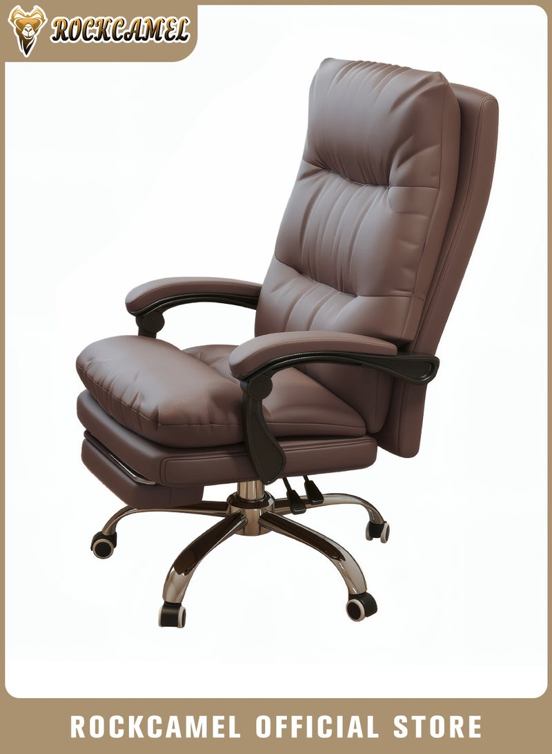 ROCKCAMEL Ergonomic Executive Office Chair/Boss Chair, High-Back PU Leather Desk Chair with Retractable Footrest, Steel Caster Base, Reclining Computer Gaming Chair for Boss, Manager, Home Office, and Lounge, Brown - Image 1