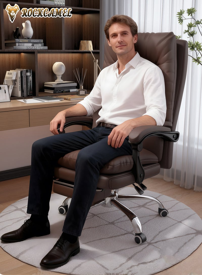 ROCKCAMEL Ergonomic Executive Office Chair/Boss Chair, High-Back PU Leather Desk Chair with Retractable Footrest, Steel Caster Base, Reclining Computer Gaming Chair for Boss, Manager, Home Office, and Lounge, Brown - Image 2