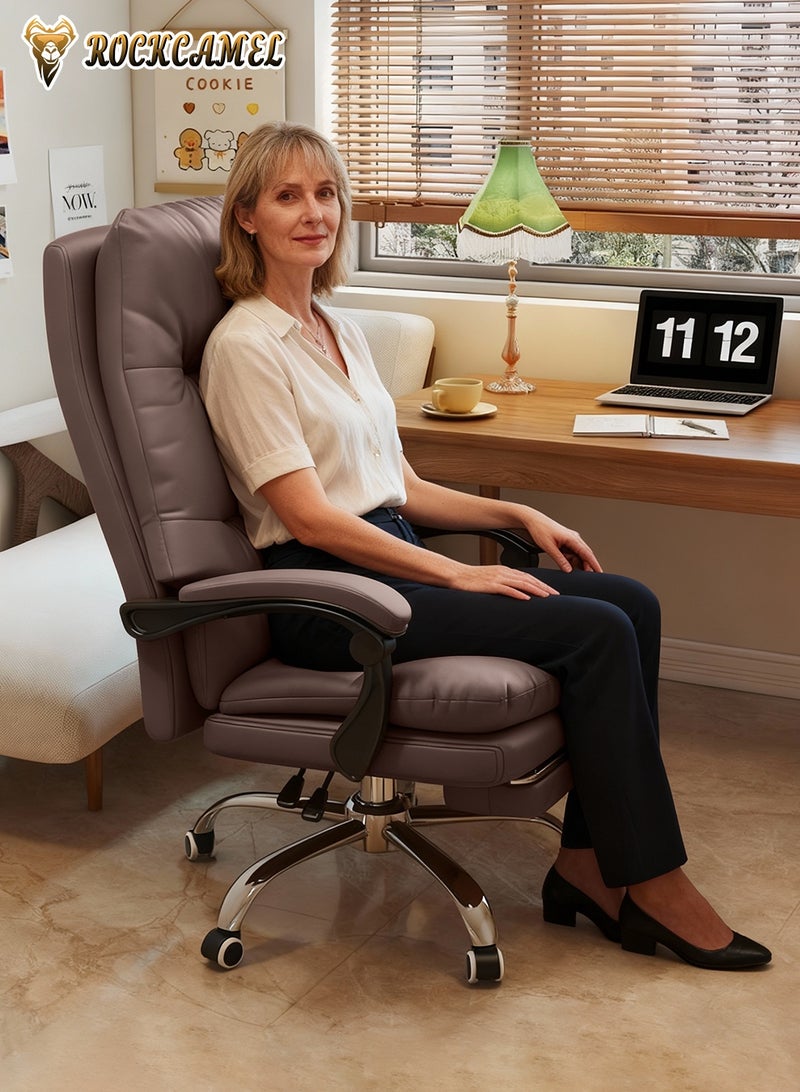 ROCKCAMEL Ergonomic Executive Office Chair/Boss Chair, High-Back PU Leather Desk Chair with Retractable Footrest, Steel Caster Base, Reclining Computer Gaming Chair for Boss, Manager, Home Office, and Lounge, Brown - Image 3