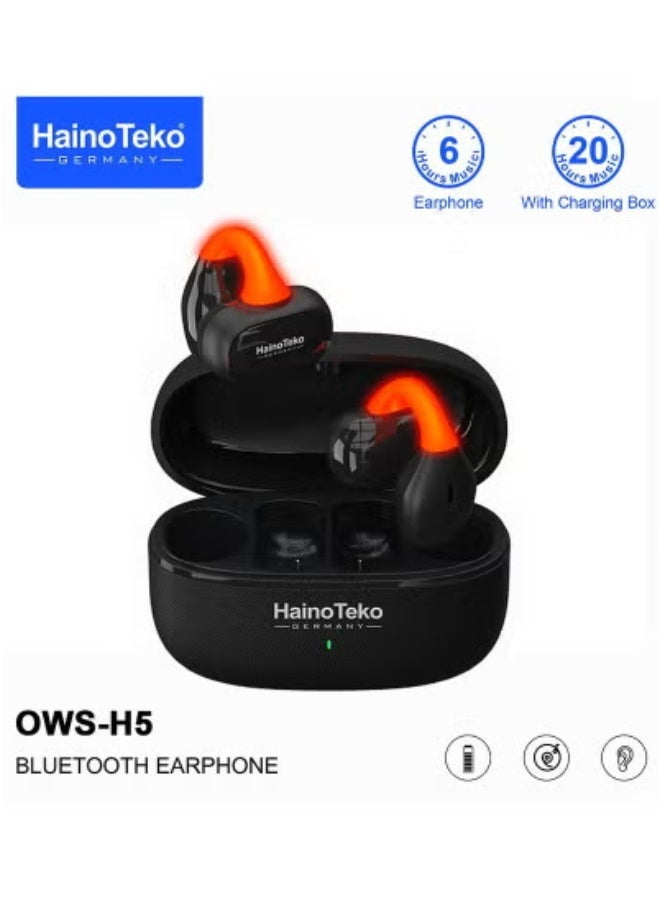 HainoTeko 🎧 OWS-H5 True Wireless Bluetooth Earphones Black with LED Light | 20 Hours Long Battery Life | Multi-Functional Touch Control | Comfortable & Secure Fit | High-Quality Sound for Music, Calls, Gaming | Compatible with iPhones, iPads & Android Devices - Image 1