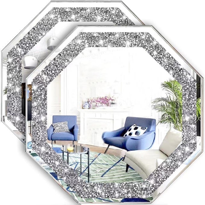 2 PIECE WALL MIRRORS OCTAGON CRUSH DIAMOND MIRRORS WALL DECOR SILVER DECORATIVE MIRRORS FOR LIVING ROOM DECOR BEDROOM BATHROOM 12X12