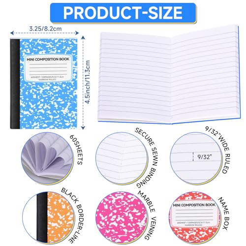 UZLU 48 Pack Mini Composition Notebooks Bulk College Ruled Half Composition Notebook Narrow Ruled Small Pocket Marble Journal 12 Color-4.5" x 3.25"-60 Sheets for Students Office School Supplies - Image 4