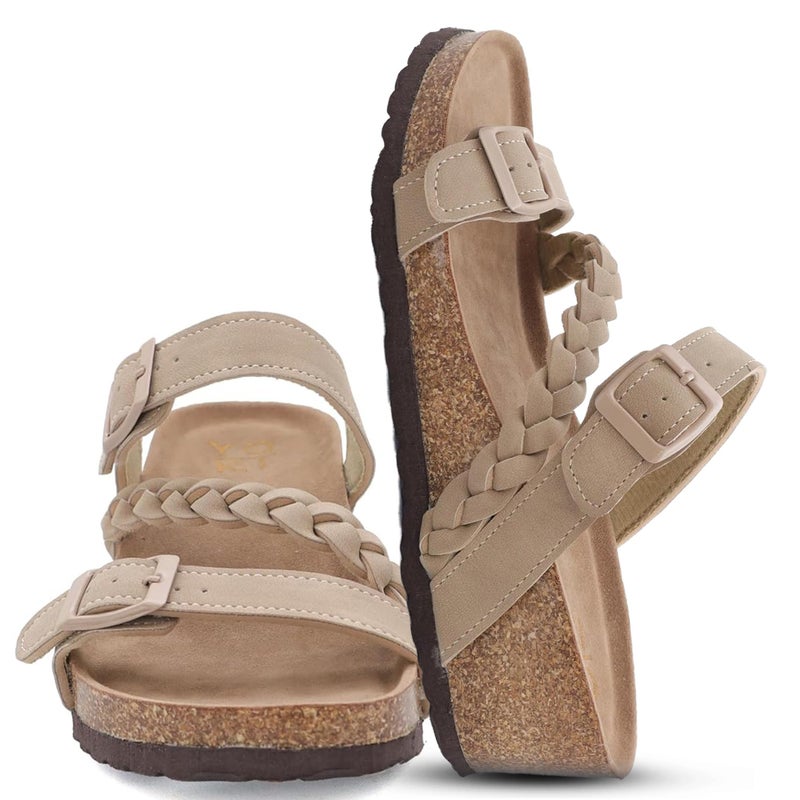 YOKI LORAYN-02 Strappy Sandals For Women With Braided Strap - Cork Sandal Featuring Double Buckle, Comfortable Open Toe Platform Sandals (Taupe, Size 8) - Image 1