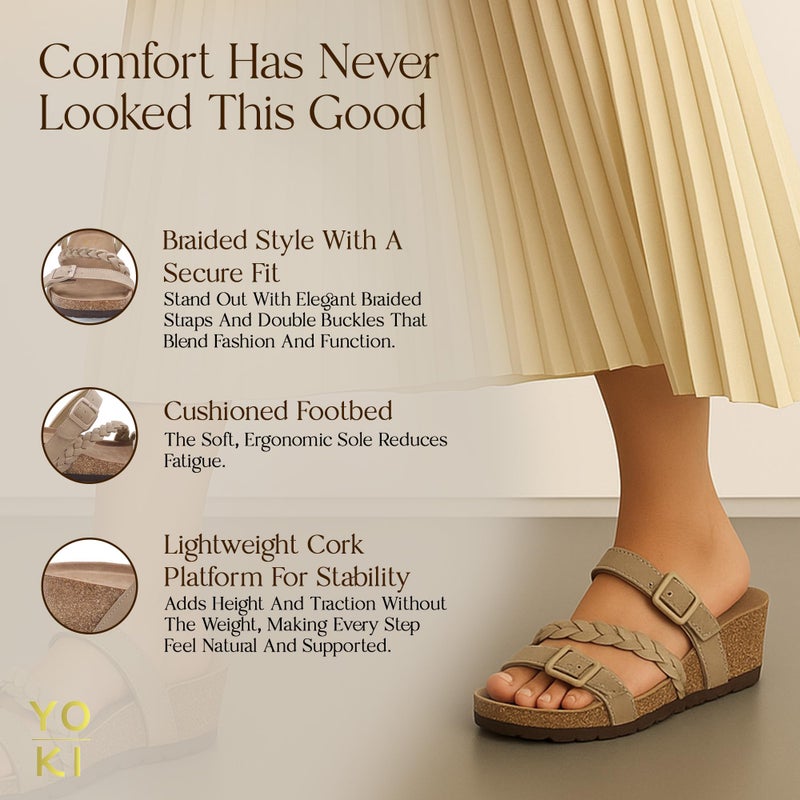 YOKI LORAYN-02 Strappy Sandals For Women With Braided Strap - Cork Sandal Featuring Double Buckle, Comfortable Open Toe Platform Sandals (Taupe, Size 8) - Image 5
