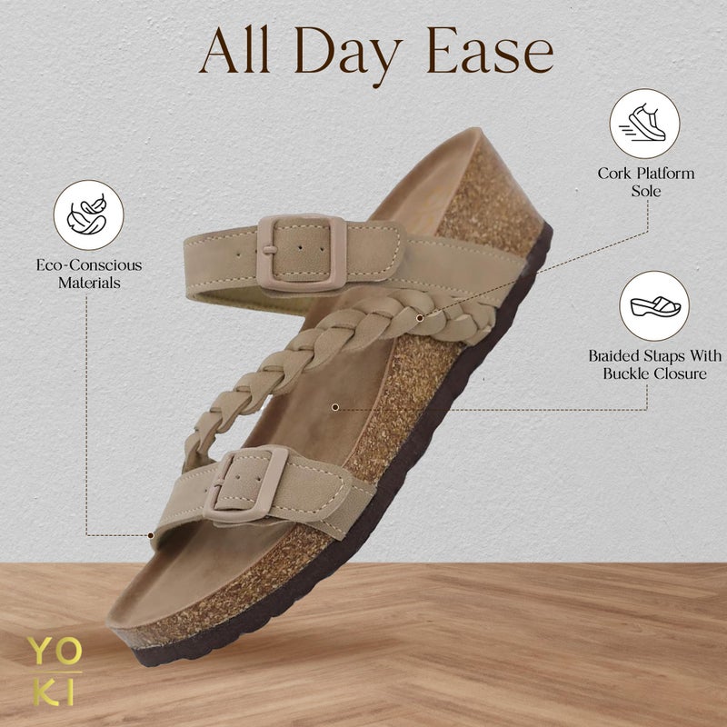 YOKI LORAYN-02 Strappy Sandals For Women With Braided Strap - Cork Sandal Featuring Double Buckle, Comfortable Open Toe Platform Sandals (Taupe, Size 8) - Image 4