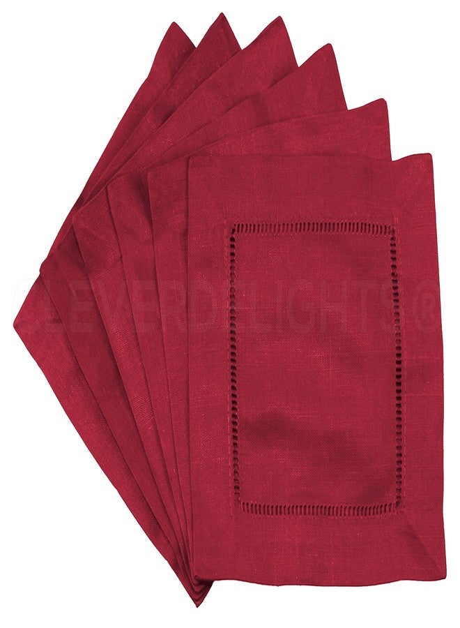 CleverDelights 6" Red Linen Hemstitch Cocktail Napkins - 12 Pack - 100% Linen - Image 1