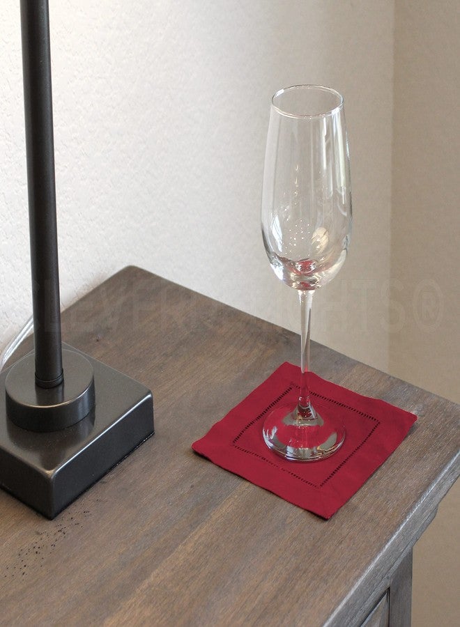 CleverDelights 6" Red Linen Hemstitch Cocktail Napkins - 12 Pack - 100% Linen - Image 3