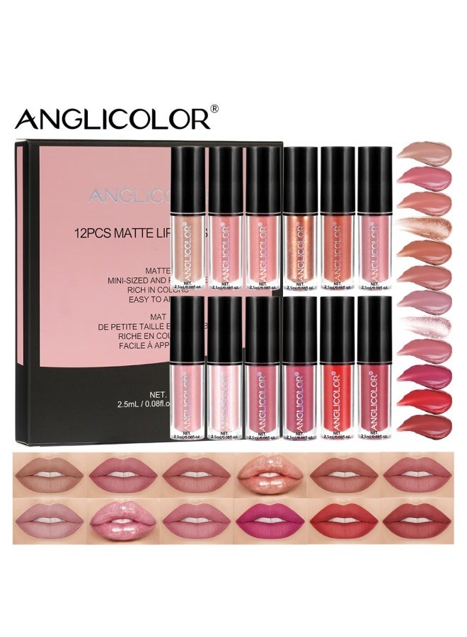 Anglicolor 12 Color Velvet Matte Lip Glaze Set, Waterproof and Durable, Non-Stick Cup, Nude Color, All Day Makeup Effect, Non Fading, Liquid Lipstick Set For Women (Set A) - Image 1
