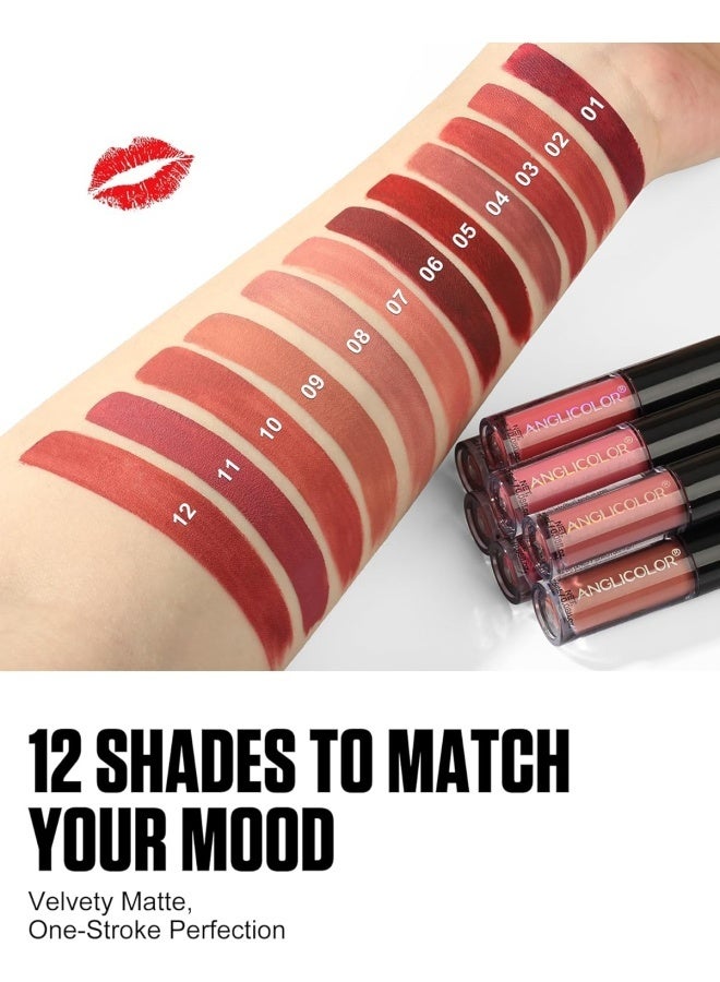 Anglicolor 12 Color Velvet Matte Lip Glaze Set, Waterproof and Durable, Non-Stick Cup, Nude Color, All Day Makeup Effect, Non Fading, Liquid Lipstick Set For Women (Set A) - Image 5