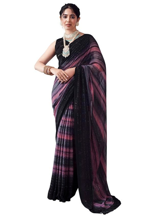 Satrani Women's Georgette Glitter Zari Stripe Printed Saree with Unstitched Blouse Piece (3498S726N_Black & Gray & Pink) - Image 1