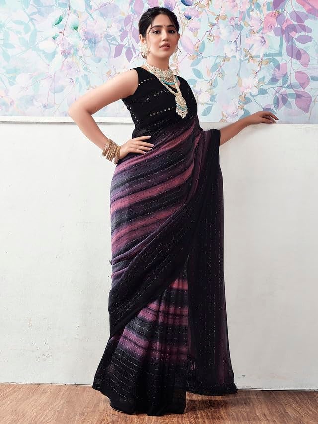 Satrani Women's Georgette Glitter Zari Stripe Printed Saree with Unstitched Blouse Piece (3498S726N_Black & Gray & Pink) - Image 4