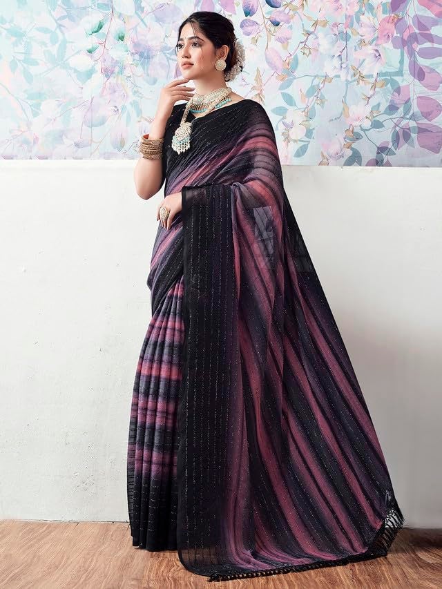 Satrani Women's Georgette Glitter Zari Stripe Printed Saree with Unstitched Blouse Piece (3498S726N_Black & Gray & Pink) - Image 2