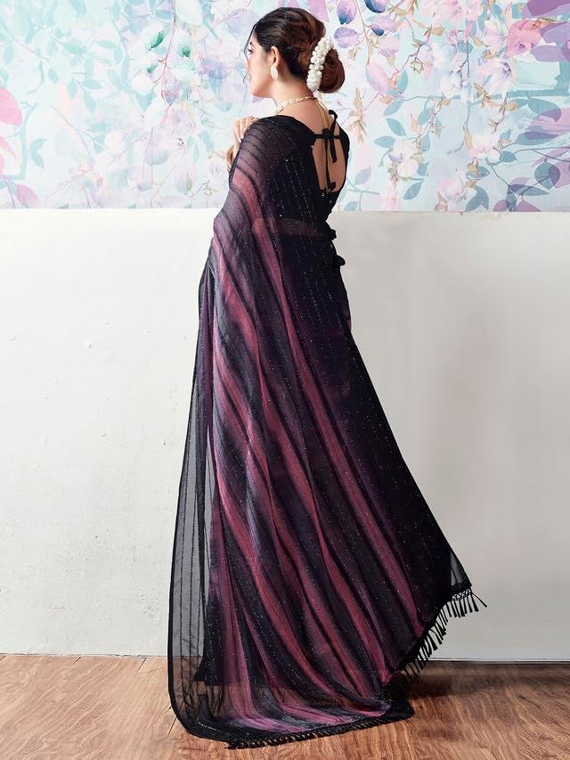 Satrani Women's Georgette Glitter Zari Stripe Printed Saree with Unstitched Blouse Piece (3498S726N_Black & Gray & Pink) - Image 3