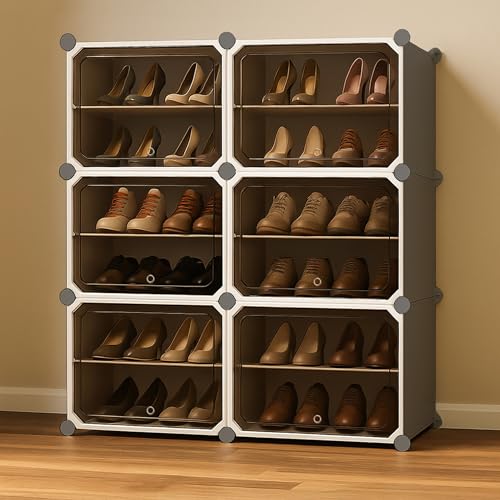 Oumffy 12 Shelf DIY Shoe Rack Box Organizer | Multi-Purpose Plastic Shoe Rack for Home | Home Storage Rack with Door for Entryway, Chappal | EMAIL DELIVERY in 24 HRS - Clean (Grey, 12-SHELF-6-DOOR) - Image 1