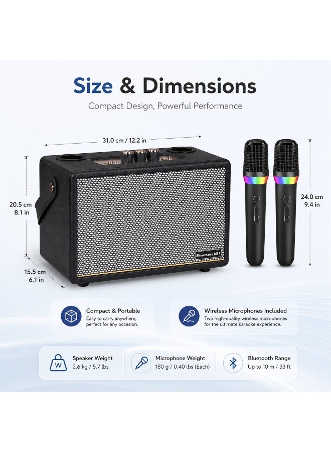 Smartbarry M91 Wireless Karaoke Speaker With 2 Wireless Microphones, Portable Bluetooth Party Speaker, Retro Brown Design, Rechargeable Sound System, USB AUX Playback, Home Gatherings Outdoor Entertainment - Image 3
