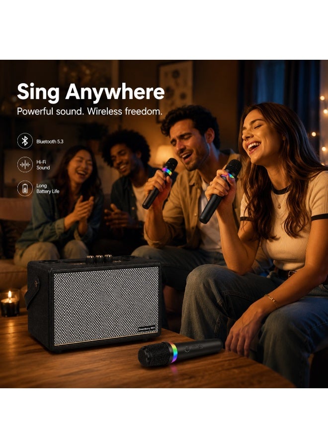 Smartbarry M91 Wireless Karaoke Speaker With 2 Wireless Microphones, Portable Bluetooth Party Speaker, Retro Brown Design, Rechargeable Sound System, USB AUX Playback, Home Gatherings Outdoor Entertainment - Image 5
