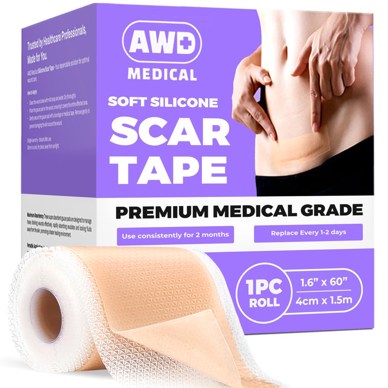AWD Medical AWD Silicone Scar Tape Roll 60in â€“ Medical Grade Scar Tape for Surgical Scars, C Section, Tummy Tuck â€“ Reusable Silicone Scar Sheets for Keloid Bump Removal & Postpartum Essentials (60in) - Image 1