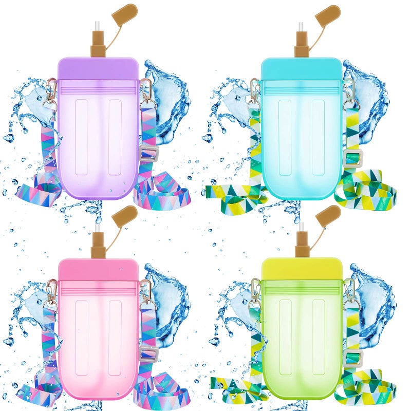 Cunhill Cunhill 4 Pieces Cute Ice Cream Water Bottles with Strap Kawaii Drinking Purse Ice Bar Transparent Jug Cup for Camping Sports Shopping Kids 