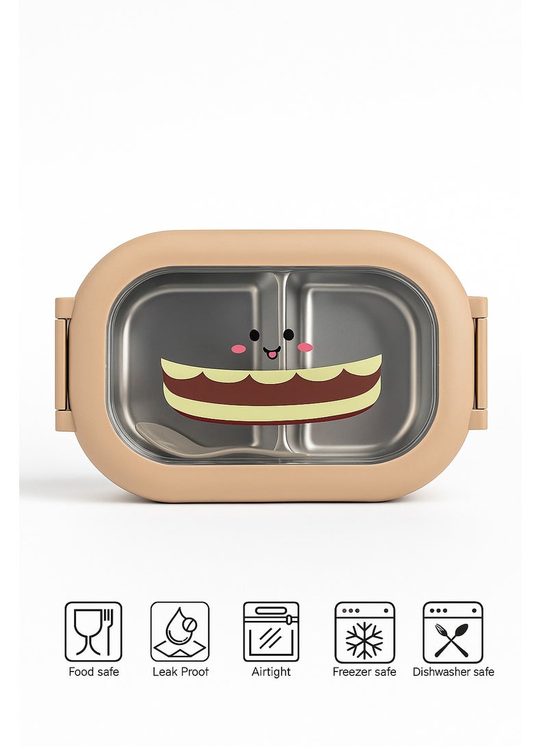 Toshionics 2-Compartment Stainless Steel Lunch Box with Spoon, Cartoon Lid, Leakproof Design, Removable Tray, BPA-Free – 1L, for  School, Office, Travel - Image 1